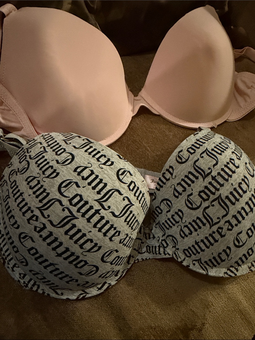 2x Juicy Couture Gray Logo Push-Up Bra and  Pink Bra.